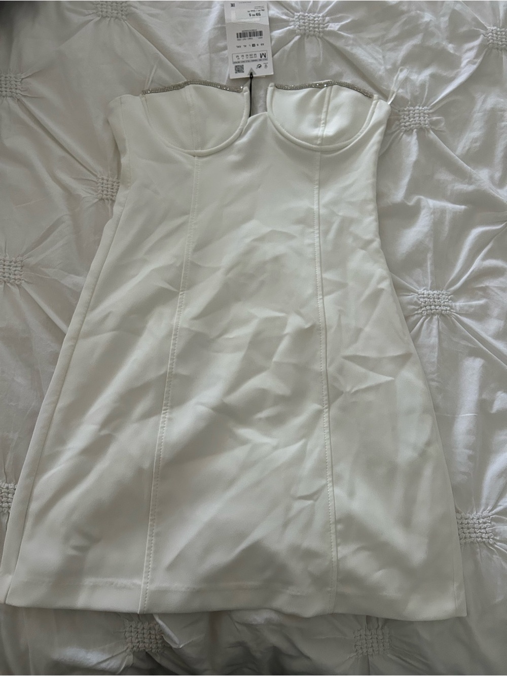 Mango Strapless White Mini Dress with Subtle Metallic Trim